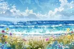 Painting of a Beach Scene with Flowers and a Blue Sky Product Image 1