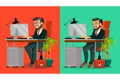 Stressed Out Boss Vector. Bearded CEO Working At Office. Product Image 1