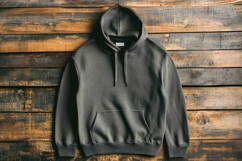 Gildan Black Hoodie Mockup on wood background Product Image 1