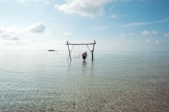 Lonely woman on wooden swing at sea shallow Product Image 1