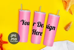 Pink Skinny Tumbler Mockup full wrap on Summer background Product Image 1