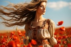 Serene woman in poppy field at sunset Product Image 1