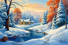 Idyllic winter landscape with snow-covered cottage by a froz Product Image 1