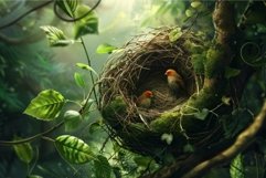 Two small birds resting in their nest in a lush green forest Product Image 1