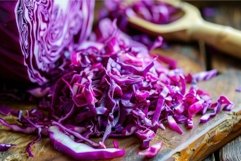 Fresh red cabbage being chopped on rustic wooden cutting boa Product Image 1