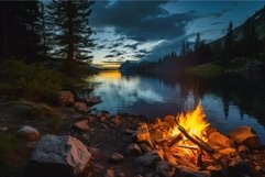 Serene sunset campfire by the lake Product Image 1