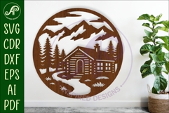Mountain Cabin Forest Circle SVG Laser Cut File Cabin sign Product Image 1