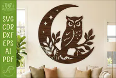 Owl and Moon Wall Art SVG, Woodland owl Laser Cut Design Product Image 1