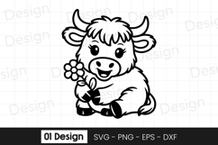 Cute Baby Cow with Flower Sitting SVG PNG Product Image 1