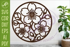 Cherry Blossom Flower Wall Art SVG | Round Floral Laser Cut Product Image 1