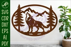 Wolf mountain scene Oval wall sign laser cut file Product Image 1