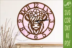 Floral Highland Cow Clock SVG, Farmhouse Cow Wall Clock Product Image 1