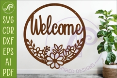 Round Floral Welcome Sign SVG, Laser Cut Door Sign Product Image 1