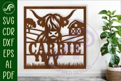 Highland cow name sign design for laser cutting or cards Product Image 1