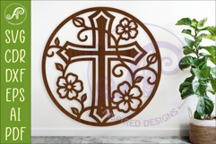 Christian Cross Wall Art SVG, Floral Vine Cross Laser Cut Product Image 1