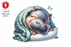 Hippo Sleeping in the Blanket Clipart, Animals Clipart Product Image 1