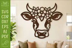 Floral Cow Laser Cut File, Farmhouse Cow Wall Decor SVG Product Image 1
