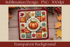 Set of four fall patchwork quilt-style coaster PNG designs featuring pumpkins, autumn leaves, sunflowers, and a whimsical scarecrow in warm farmhouse colors for sublimation and seasonal home décor.