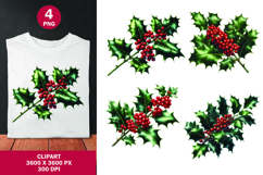 watercolor clipart png - christmas holly branch Product Image 1