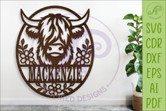 Floral Highland Cow Name Sign SVG. Farmhouse Family Product Image 1