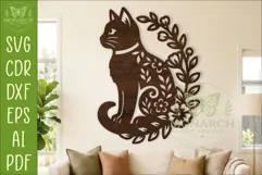 Floral Cat Wall Art SVG, Cat Lover Laser Cut Sign Decor Product Image 1
