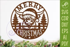 Highland Cow Merry Christmas Sign SVG Laser Cut File Product Image 1