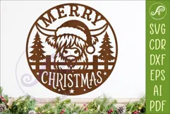 Highland Cow Merry Christmas Sign SVG Laser Cut File Product Image 1