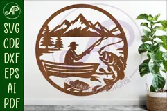 Bass fisherman mountain scene wall sign svg laser cut Product Image 1