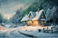 A cozy snow-covered cottage in a winter forest with warm Product Image 1