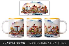 Watercolor coastal town mug, cup wrap sublimation design png Product Image 1