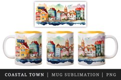 Watercolor coastal town mug, cup wrap sublimation design png Product Image 1