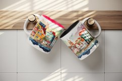 Watercolor coastal town mug, cup wrap sublimation design png Product Image 5