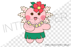 Cute pink axolotl dancing hula in leaf skirt and red hairpin Product Image 1