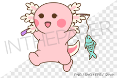 Pink axolotl happily walking with a fish caught with a rod Product Image 1