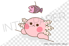Cute pink axolotl looking up at a hanging fish PNG Clipart Product Image 1