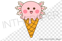 Cute pink axolotl melting like ice cream on a soft cone PNG Product Image 1
