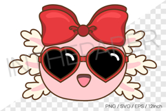 Cute pink axolotl with a big red ribbon and heart sunglasses Product Image 1