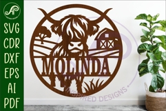 Highland cow themed name sign design for laser cutting Product Image 1