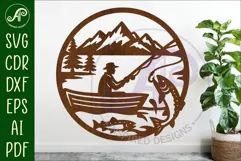 Trout fisherman mountain scene wall sign svg laser cut Product Image 1