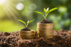 Small plants growing from stacks of coins, symbolizing Product Image 1
