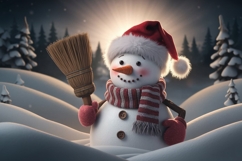 A cheerful snowman holding a broom, wearing a knit hat Product Image 1