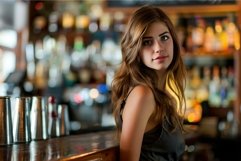 Young, stylish woman seated at a bar with a bokeh background Product Image 1