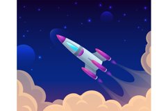 Rocket launch among clouds and sky. Cartoon spaceship flight Product Image 1