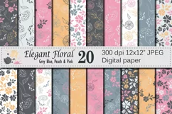 Seamless Elegant Floral Digital Paper with hand drawn flowers - Gray Blue Peach Pink Product Image 1