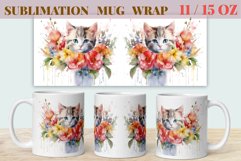 Sublimation Mug Design Watercolor Flowers and Kitten, Png Product Image 1