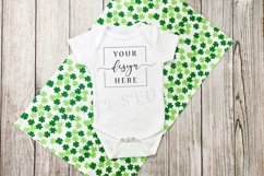 St. Patricks Themed Green White Baby Bodysuit Mockup Clover Product Image 1