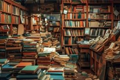 Warmly lit, cluttered vintage bookstore with stacks of old b Product Image 1