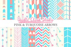 Pink and Turquoise Arrows digital paper, Arrow patterns, tribal, archery, chevron triangles pink blue backgrounds, Personal &amp; Commercial Use Product Image 1