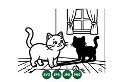 Playful Cat And Shadow Line Art Illustration Product Image 1