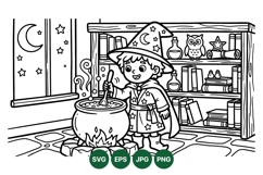 Hand Drawn Cute Wizard Kid Coloring Illustration Product Image 1